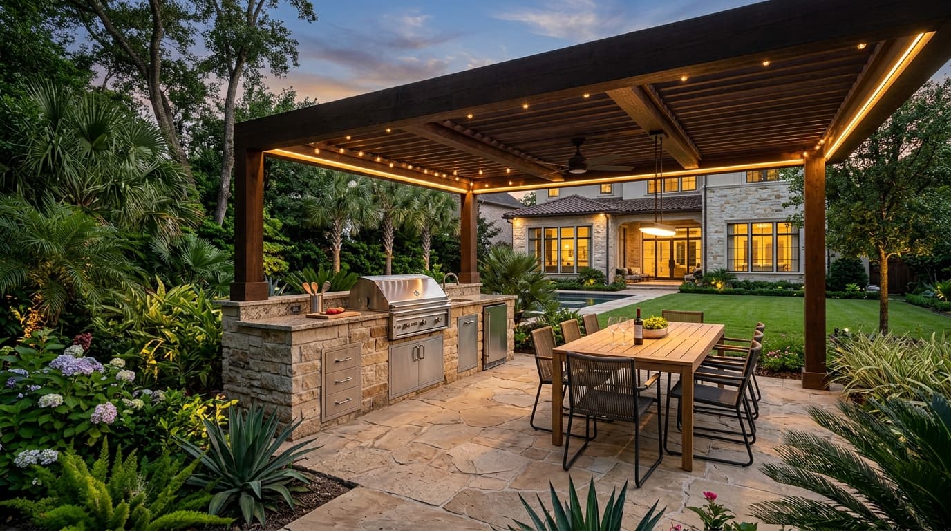 Luxury Houston covered stone patio with built-in kitchen, dining terrace, and lush perimeter garden