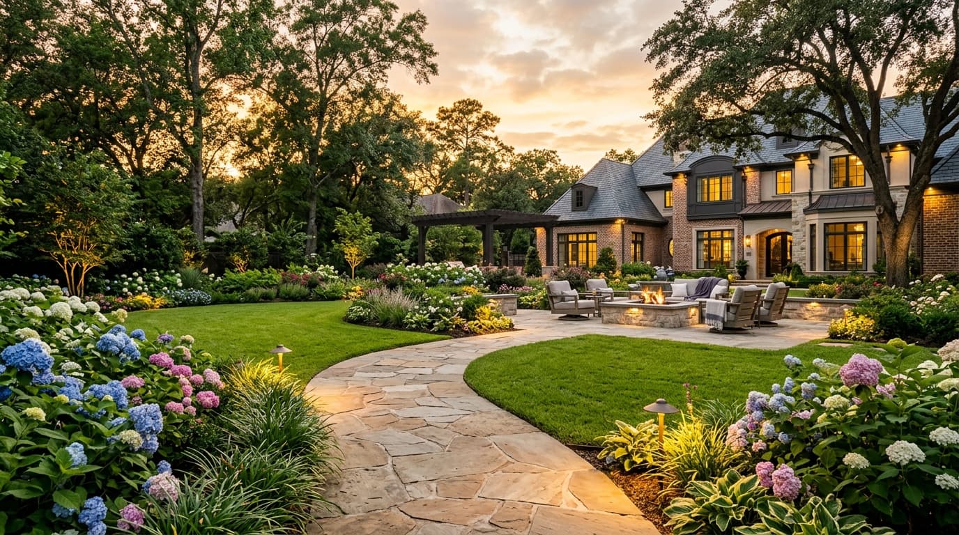 Houston residential estate garden with curved flagstone pathway, warm landscape lighting, and native lush plantings