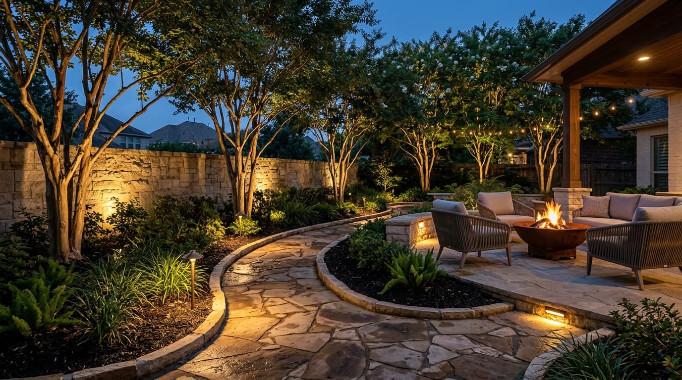 Warm evening landscape lighting illuminating stone walkway and patio in Houston residential garden