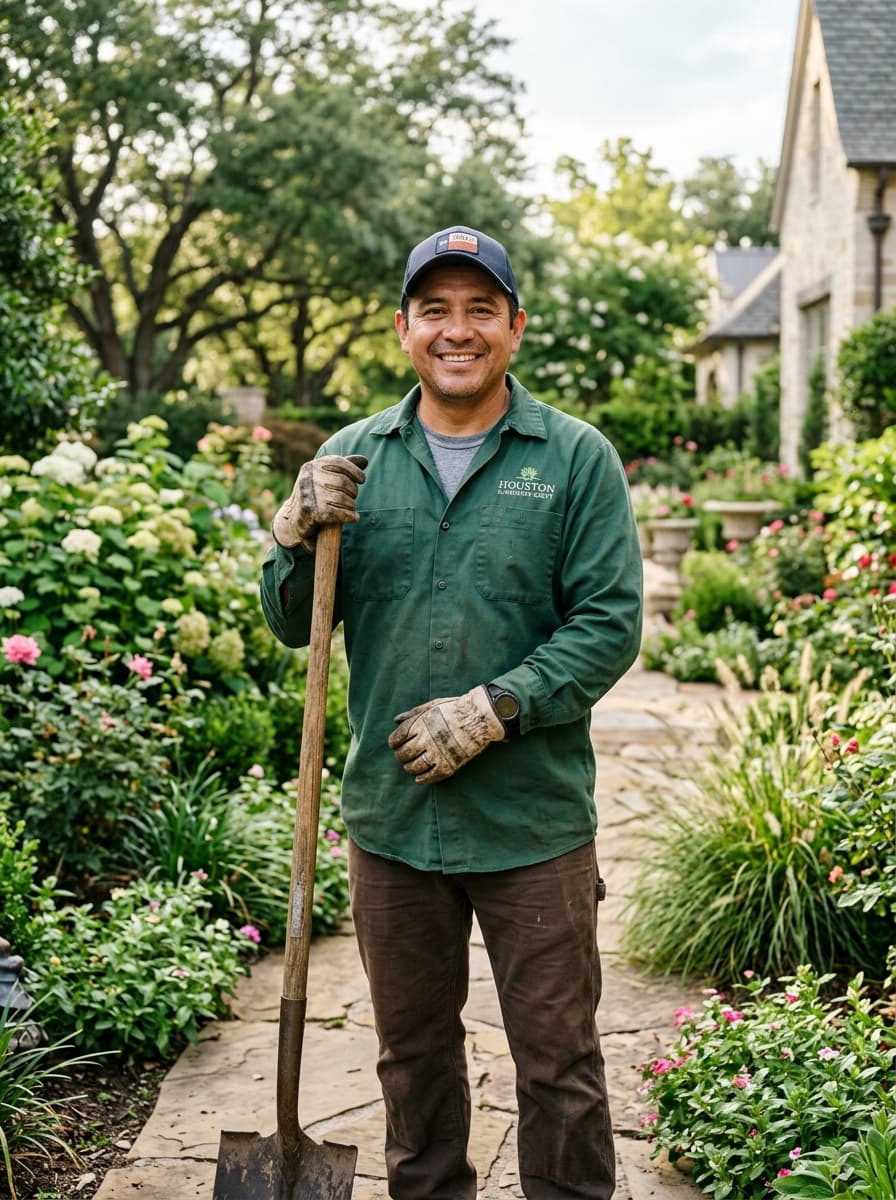 David Chen, founder and master horticulturist at Post Oak Landscape Co. standing in a Houston residential estate