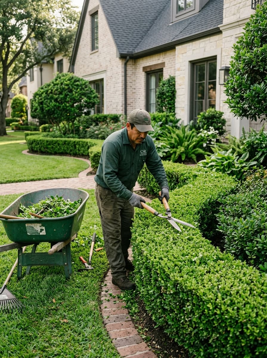 Professional Houston landscaper carefully pruning formal hedges with hand shears