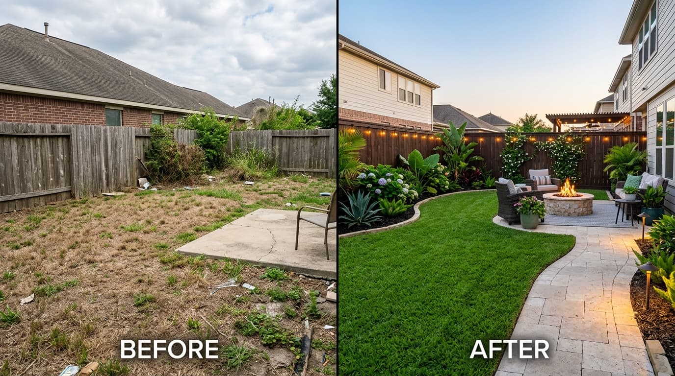 Houston backyard transformation showing original bare soil yard on top half and completed lush green lawn with curved stone patio and fire pit on bottom half